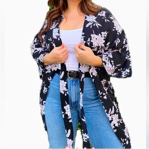 Spiritual Gangster Maya Kimono Robe Black Midi Duster Floral Comfy One Size